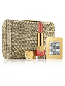Makeup essentials for Sparkling Nights. The perfect gift: a sleek, goldtone clutch that includes a golden mirror made with SWAROVSKI ELEMENTS and a Pure Color Crystal Lipstick in Bermuda Pink. Limited quantities. Made in USA. Makeup essentials for Sparkling Nights. The perfect gift: a sleek, goldtone clutch that includes a golden mirror made with SWAROVSKI ELEMENTS and a Pure Color Crystal Lipstick in Bermuda Pink. Limited quantities. Made in USA.