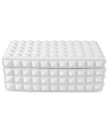 Elevate your decor with the edgy look of this studded box from Jonathan Adler. Made of pure white porcelain, this cutting-edge design is equal parts classic and confident. Elevate your decor with the edgy look of this studded box from Jonathan Adler. Made of pure white porcelain, this cutting-edge design is equal parts classic and confident.