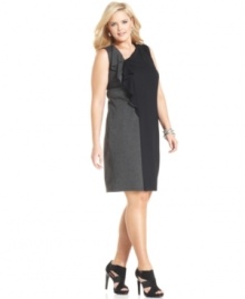 Ruffle up your career look with Spense's sleeveless plus size dress, featuring a colorblocked pattern.