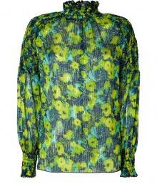 Make a bold style statement with this vibrant printed tunic from Anna Sui - Shirred stand collar, long sleeves with shirred cuffs, relaxed silhouette, back button placket, all-over print - Style with skinny jeans, cropped trousers, or a pencil skirt