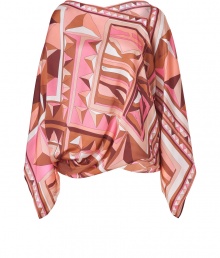 Hippie style gets a haute remix with this boho-inspired printed dolman sleeve top from Emilio Pucci - Asymmetrical V-neckline, long draped dolman sleeves, asymmetrical handkerchief-style hem, allover print - Oversized silhouette - Style with skinny jeans or leather leggings and peep-toe booties