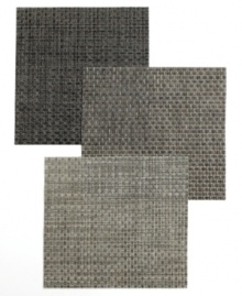 Chilewich introduces new dimension to casual dining in durable woven vinyl. Decidedly sleek, the Kono square placemat gives your table an industrial-chic boost in shiny metallic shades. Chilewich introduces new dimension to casual dining in durable woven vinyl. Decidedly sleek, the Kono square placemat gives your table an industrial-chic boost in shiny metallic shades.