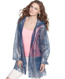 Don't let the weather rain out your look: Free People's hooded lace-printed slicker lets your top show through! Don't let the weather rain out your look: Free People's hooded lace-printed slicker lets your top show through!