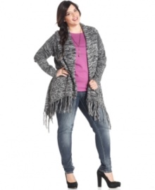 Stay toasty with Extra Touch's plus size cardigan, finished by a fringed hem.