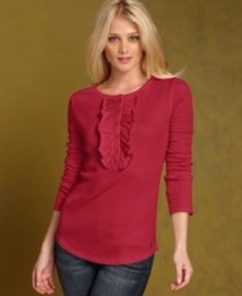 Rendered from soft cotton, Tommy Hilfiger's ruffled henley top is an everyday classic with a girly touch.