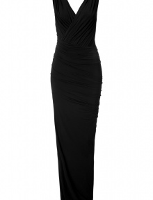 The ultimate figure-hugging dress, this draped Donna Karan favorite will have you turning heads while maintaining comfort - V-neckline with faux wrap detail, sleeveless, front and back twist drape detail, fitted pencil silhouette, dramatic maxi length - Style with statement sandals, a draped front leather jacket, and a studded clutch