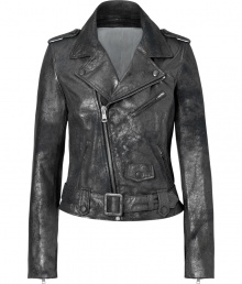 Lambskin biker jacket adds edge to any closet - Classic design with asymmetric zipper, wide lapel with metallic snaps, shoulder bars and decorative waist belt - Long sleeves and feminine waisted cut - Metallic slate color with slightly worn look - Wear in transitional months with a thin cashmere pullover or a sexy silk tank - Pair with feminine dresses and booties for a contrasting look or with skinny jeans and heels for a fashionable night out