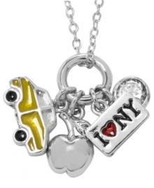 New York, New York--the city so nice, they named it twice! City by City's pendant necklace is a wearable memento featuring classic Big Apple symbols including an enamel taxi cab, the iconic I heart NY sign, an apple, and a round-cut crystal. Made in silver tone mixed metal. Approximate length: 16 inches + 3-inch extender. Approximate drop: 1-1/2 inches. New York, New York--the city so nice, they named it twice! City by City's pendant necklace is a wearable memento featuring classic Big Apple symbols including an enamel taxi cab, the iconic I heart NY sign, an apple, and a round-cut crystal. Made in silver tone mixed metal. Approximate length: 16 inches + 3-inch extender. Approximate drop: 1-1/2 inches.