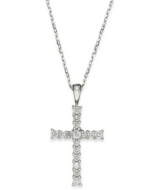 Slim and resplendent, this beautiful cross pendant features round-cut diamonds (1/4 ct. t.w.) set in 14k white gold. Approximate length: 16 inches. Approximate drop: 1 inch. Slim and resplendent, this beautiful cross pendant features round-cut diamonds (1/4 ct. t.w.) set in 14k white gold. Approximate length: 16 inches. Approximate drop: 1 inch.