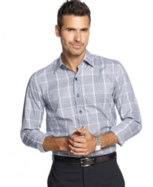 This slim-fit plaid shirt from Tasso Elba gives your look a crisp overhaul. This slim-fit plaid shirt from Tasso Elba gives your look a crisp overhaul.