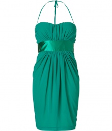 Inject instant chic to your cocktail-ready look with this stunning evening dress from Blumarine -Sweetheart neckline, slim halter strap, gathered front, wide satin waistband, draped silhouette, internal bra-like cups, concealed back zip closure- Pair with sky-high platforms and a statement clutch