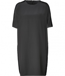 Streamlined in silk with luxe leather and shearling trim, Neil Barretts sleek shift is an ultra sophisticated choice - Round neckline, short sleeves, black trim, hidden back zip - Loose fit - Team with flats and an oversized clutch for cocktails Streamlined in silk with luxe leather and shearling trim, Neil Barretts sleek shift is an ultra sophisticated choice - Round neckline, short sleeves, black trim, hidden back zip - Loose fit - Team with flats and an oversized clutch for cocktails