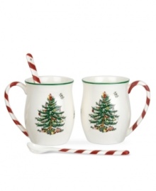 Christmas couldn't be sweeter with Spode's Christmas Tree Peppermint mugs and candy cane spoons. An iconic holiday favorite with raised detail and red candy stripes makes hot cocoa or eggnog especially irresistible.