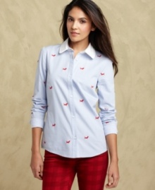 Infuse your look with preppy panache in Tommy Hilfiger's embroidered button-front shirt.