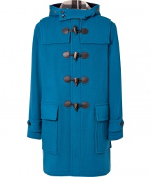 The perfect fusion of form and function, Burberry Brits teal Broadhurst duffle coat is a timeless investment in iconic heritage style - Classic leather toggle closures, signature check-lined hood, oversized flap pockets at hips - Slim, straight cut hits mid-thigh - Pair with everything from jeans and cashmere pullovers to suit trousers and blazers