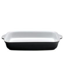 Perfect for everyday use, this rectangular baker boasts sublime versatility in ultra-durable stoneware from Denby dinnerware. The dishes have a jet-black surface and glossy white interior that can carry easy, modern polish from oven to table. Perfect for everyday use, this rectangular baker boasts sublime versatility in ultra-durable stoneware from Denby dinnerware. The dishes have a jet-black surface and glossy white interior that can carry easy, modern polish from oven to table.