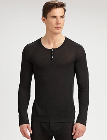Modern look with retro details highlight this knit wool and silk blend top.CrewneckThree-button placket70% wool/30% silkMachine washImported Modern look with retro details highlight this knit wool and silk blend top.CrewneckThree-button placket70% wool/30% silkMachine washImported