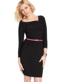 A bright skinny belt adds pop to a little black dress that boasts elements of chic design! From Tempted. A bright skinny belt adds pop to a little black dress that boasts elements of chic design! From Tempted.