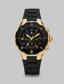 From the Tahitian Jelly Bean Collection. A sporty timepiece with goldtone stainless steel accents, enamel dial and silicone strap. Swiss quartz movementWater resistant to 5 ATMRound goldtone stainless steel case, 40mm (1.5)Logo bezelSunray chronograph dialNumeric hour markersSecond hand Black silicone strapImported