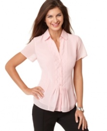 This Ellen Tracy blouse gets feminine inspiration with pleats at the placket and semi-sheer fabric. Try it with slim black pants and flats!