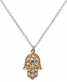 Symbolic and stylish, Studio Silver's contemporary pendant features a blue and clear crystal-accented Hamsa. Set in 18k gold over sterling silver and sterling silver. Approximate length: 18 inches. Approximate drop: 1/2 inch. Symbolic and stylish, Studio Silver's contemporary pendant features a blue and clear crystal-accented Hamsa. Set in 18k gold over sterling silver and sterling silver. Approximate length: 18 inches. Approximate drop: 1/2 inch.
