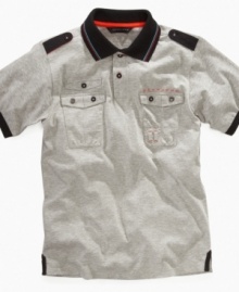 Shoulder epaulets and double chest pockets on this polo shirt from Sean John give his look some muscle. Shoulder epaulets and double chest pockets on this polo shirt from Sean John give his look some muscle.