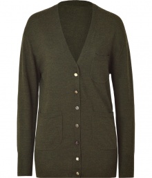 British style stalwart Paul Smith is renowned for his elegant, classic-with-a-twist aesthetic, and this forest green wool cardigan is a prime example - Slim, straight cut hits below hips - Deep v-neck and long sleeves - Placket extends from chest to hem and features assorted decorative buttons - Two pockets at hips, single pocket at chest - Ideal for work or weekend and for pairing with cigarette trousers, skinny denim and pencil skirts