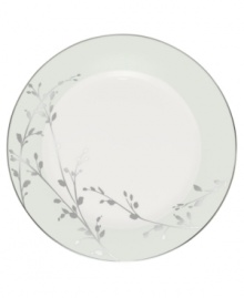 Birch branches grow around this pure white porcelain accent plate from Noritake dinnerware. The dishes of this set turn formal tables into serene landscapes. The contemporary design is refined in polished platinum with a soft gray border and breezy, all-natural beauty. Birch branches grow around this pure white porcelain accent plate from Noritake dinnerware. The dishes of this set turn formal tables into serene landscapes. The contemporary design is refined in polished platinum with a soft gray border and breezy, all-natural beauty.