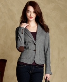 Prep up your look with Tommy Hilfiger's herringbone knit blazer, complete with faux-suede elbow patches. Prep up your look with Tommy Hilfiger's herringbone knit blazer, complete with faux-suede elbow patches.