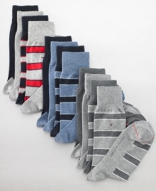 A blend of cotton, spandex, and polyester fabrics provide the ultimate hug for your foot. The Tommy Hilfiger logo accents the top of this 4 pack of striped and solid socks. A blend of cotton, spandex, and polyester fabrics provide the ultimate hug for your foot. The Tommy Hilfiger logo accents the top of this 4 pack of striped and solid socks.