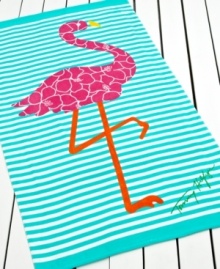 A vibrant pink flamingo with floral embellishments steals the show in this Tommy Hilfiger beach towel. Finished with a ground of serene aqua and white stripes and the Tommy Hilfiger signature.