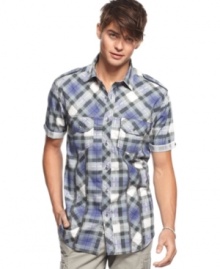 This plaid shirt from Bar III comes with edgy details that take your casual style to the next level.