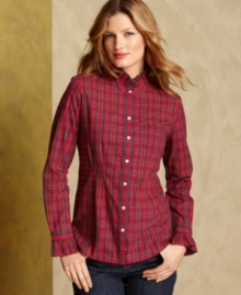 Tommy Hilfiger's cotton shirt combines a festive plaid print with ruffle trim at the collar and cuffs.