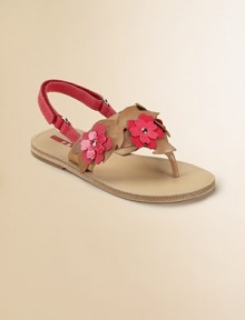 Saffiano leather with patent leather detail and flower and leaf accents.Adjustable ankle strap with grip-tape closure Leather sole Imported Saffiano leather with patent leather detail and flower and leaf accents.Adjustable ankle strap with grip-tape closure Leather sole Imported