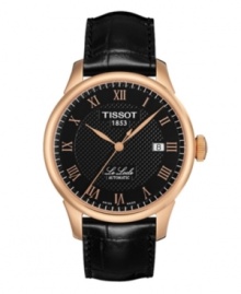 Elegance embodied in a sleek design, by Tissot. The Le Locle watch is crafted of black leather strap and round rose-gold PVD plated stainless steel case. Black dial with textured inner dial features rose-gold tone applied Roman numerals, minute track, rose-gold tone three hands, date window at three o'clock and logo at twelve o'clock. Swiss automatic movement. Water resistant to 30 meters. Two-year limited warranty. Elegance embodied in a sleek design, by Tissot. The Le Locle watch is crafted of black leather strap and round rose-gold PVD plated stainless steel case. Black dial with textured inner dial features rose-gold tone applied Roman numerals, minute track, rose-gold tone three hands, date window at three o'clock and logo at twelve o'clock. Swiss automatic movement. Water resistant to 30 meters. Two-year limited warranty.