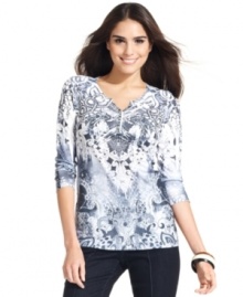 Style&co.'s petite Henley gets a major upgrade with a brilliant mix of prints and a sprinkling of shiny studs! Style&co.'s petite Henley gets a major upgrade with a brilliant mix of prints and a sprinkling of shiny studs!