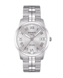 Polished and matte steel combine with handsome effect on this timeless Tissot PR 100 watch. Stainless steel bracelet and round case. Silvertone dial features Roman numerals, date window at three o'clock, luminous hands and black logo. Swiss movement. Water resistant to 100 meters. Two-year limited warranty. Polished and matte steel combine with handsome effect on this timeless Tissot PR 100 watch. Stainless steel bracelet and round case. Silvertone dial features Roman numerals, date window at three o'clock, luminous hands and black logo. Swiss movement. Water resistant to 100 meters. Two-year limited warranty.