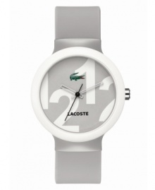 A touch of gray gives that distinguished look. Unisex Goa watch by Lacoste crafted of light gray silicone strap and round plastic case with white bezel. Gray dial features 1212 print, iconic crocodile logo at three o'clock, cut-out hour and minute hands, and black second hand. Quartz movement. Water resistant to 30 meters. Two-year limited warranty. A touch of gray gives that distinguished look. Unisex Goa watch by Lacoste crafted of light gray silicone strap and round plastic case with white bezel. Gray dial features 1212 print, iconic crocodile logo at three o'clock, cut-out hour and minute hands, and black second hand. Quartz movement. Water resistant to 30 meters. Two-year limited warranty.