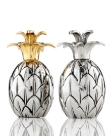 Basic spices will also pack a tropical punch with Godinger salt and pepper shakers. Nickel-plated pineapples topped with gold and silvertone leaves are a welcome addition to casual tables. Basic spices will also pack a tropical punch with Godinger salt and pepper shakers. Nickel-plated pineapples topped with gold and silvertone leaves are a welcome addition to casual tables.