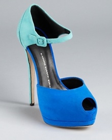 In bold blues, these show-stopping suede Giuseppe Zanotti pumps stop time with a color block design and an ultra-high heel. In bold blues, these show-stopping suede Giuseppe Zanotti pumps stop time with a color block design and an ultra-high heel.