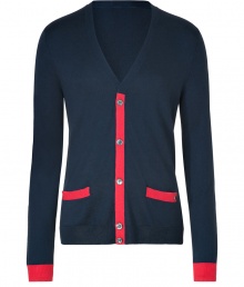Work a cool colorblock into your knitwear collection with Marc by Marc Jacobs luxe modern iteration in a super soft mix of silk, cotton and cashmere - V-neckline, long sleeves, red cuffs, red trimmed button-down front and front slit pockets, fine ribbed trim, red trim on back hemline - Slim fit - Wear with tailored trousers and sleek button-downs Work a cool colorblock into your knitwear collection with Marc by Marc Jacobs luxe modern iteration in a super soft mix of silk, cotton and cashmere - V-neckline, long sleeves, red cuffs, red trimmed button-down front and front slit pockets, fine ribbed trim, red trim on back hemline - Slim fit - Wear with tailored trousers and sleek button-downs