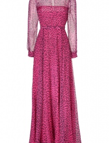 With a fun leopard print in eye-catching fuchsia and black, Valentinos floor-length silk gown is a decidedly decadent choice for your most special evening event - Round neckline, long sleeves, buttoned cuffs, hidden back zip, slit with button closure at nape, matching bow belt, side belt loops, spaghetti strap slip lining - Fitted bodice, full skirt, floor length - Wear with high-heel sandals and a sleek leather clutch