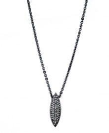 A chic canoe-shaped pendant adds a distinctive design detail to T Tahari's necklace. Accented by glittering black diamond-hued crystals, it's set in hematite tone mixed metal. Approximate length: 18 inches + 3-inch extender. Approximate drop: 1/4 inch. A chic canoe-shaped pendant adds a distinctive design detail to T Tahari's necklace. Accented by glittering black diamond-hued crystals, it's set in hematite tone mixed metal. Approximate length: 18 inches + 3-inch extender. Approximate drop: 1/4 inch.
