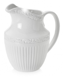 With embossed scrolls and fluting in hard dolomite, this neoclassical Italian Countryside pitcher from Mikasa brings the ease of sunny Italy to informal entertaining. With embossed scrolls and fluting in hard dolomite, this neoclassical Italian Countryside pitcher from Mikasa brings the ease of sunny Italy to informal entertaining.