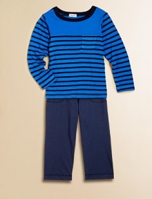 A cool, striped French tee sits atop matching pants for a handsome ensemble.CrewneckLong sleevesPullover styleElastic waistband38% modal/38% cotton/ 24% polyesterMachine washImported A cool, striped French tee sits atop matching pants for a handsome ensemble.CrewneckLong sleevesPullover styleElastic waistband38% modal/38% cotton/ 24% polyesterMachine washImported