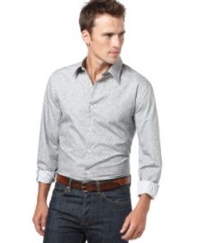 With a subtle print and a sleek slim fit, this shirt from Perry Ellis is perfect for the modern man's wardrobe. With a subtle print and a sleek slim fit, this shirt from Perry Ellis is perfect for the modern man's wardrobe.