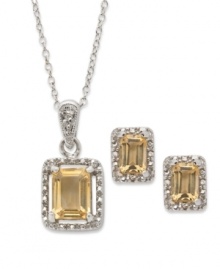 Brighten your day with sunshine-inspired hues. Victoria Townsend's pretty matching jewelry set features a chic, emerald-cut citrine (2-3/4 ct. t.w.) and diamond accents in sterling silver. Approximate length: 18 inches. Approximate drop (pendant) 7/8 inch. Approximate drop (earrings): 3/8 inch. Approximate width (earrings): 1/4 inch.