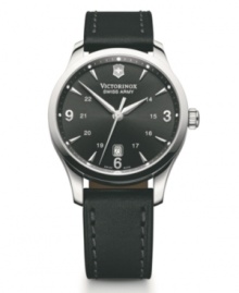 Keep things simple with the clean styling of this Alliance watch by Victorinox Swiss Army. Black leather strap and round stainless steel case with anti-reflective triple-coated sapphire crystal. Black sunray dial features applied silver tone numerals at three, six and nine o'clock, stick indices, military time, date window at three o'clock, three hands and logo. Swiss quartz movement. Water resistant to 100 meters. Three-year limited warranty.