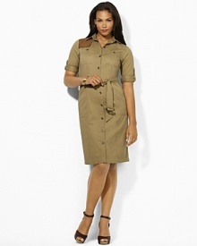 The quintessential Cornejo shirt dress is elegantly tailored from soft cotton chino and finished with a flattering belted waist and a chic gunpatch at the right shoulder for a rustic heritage flourish.