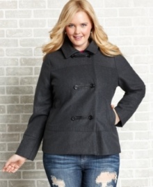 Bundle up this season with Dollhouse's plus size toggle jacket, including a hood for added warmth.